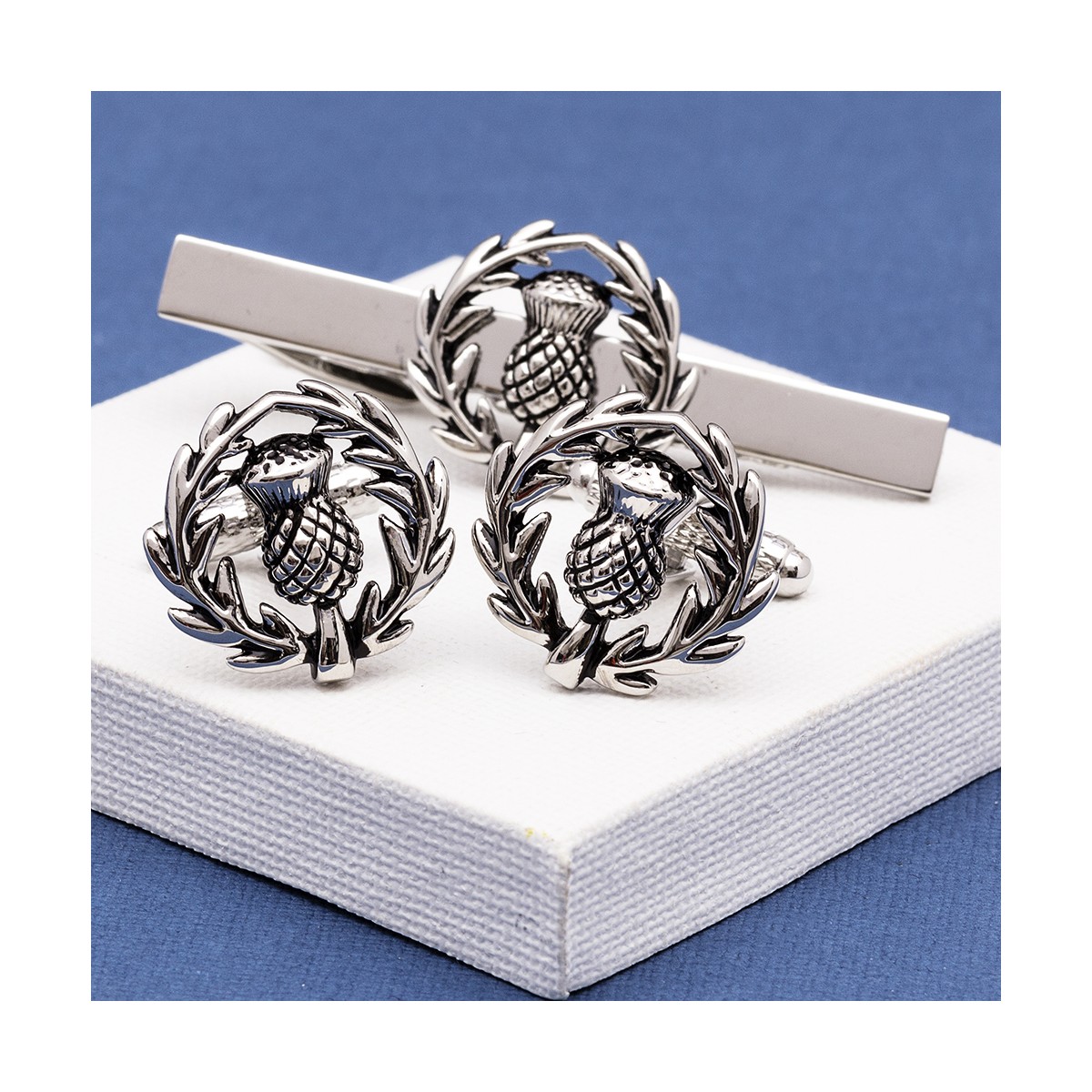 Thistle Cufflinks Gift Set | Scottish Thistle Cufflinks and Tie Clip Set