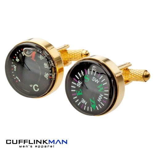 Cufflink Man Cufflinks Gold Compass and Thermometer Cufflinks - Real Working Item