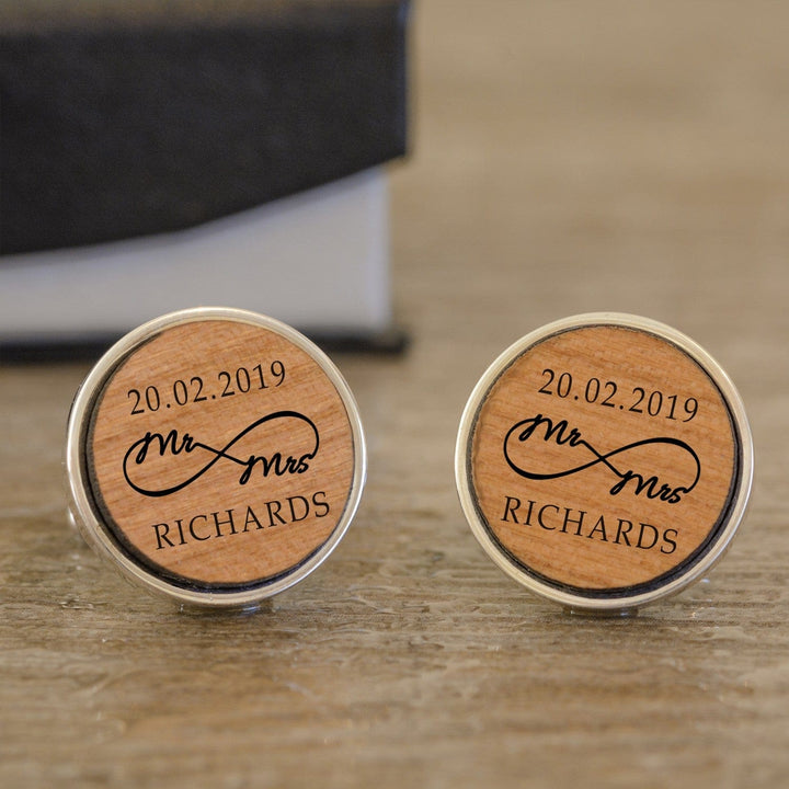 Cufflink Man Cufflinks - Personalised Cherrywood Mr and Mrs Infinity Personalised Wedding Cufflinks