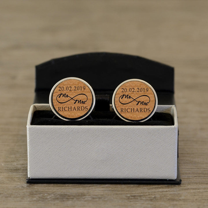 Cufflink Man Cufflinks - Personalised Cherrywood Mr and Mrs Infinity Personalised Wedding Cufflinks