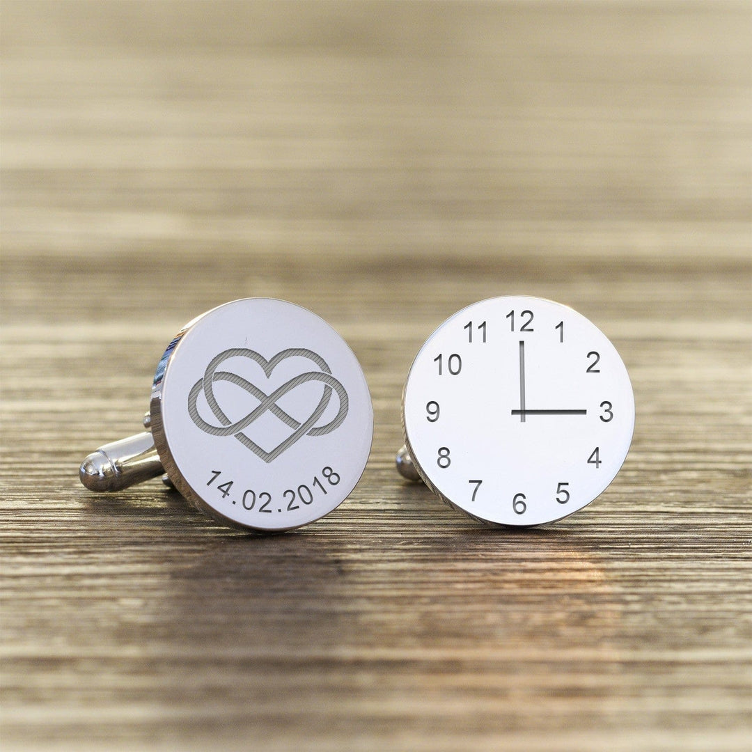 Cufflink Man Cufflinks - Personalised Heart Infinity + Time and Date Engraved Wedding Cufflinks