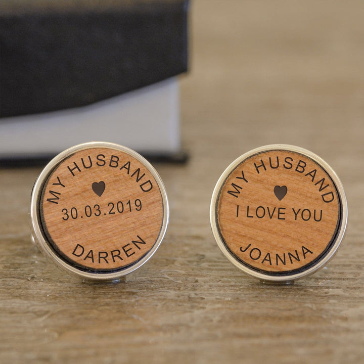 Cufflink Man Cufflinks - Personalised 'My Husband' Personalised Cherrywood Wedding Cufflinks