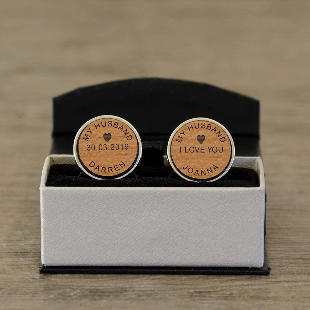 Cufflink Man Cufflinks - Personalised 'My Husband' Personalised Cherrywood Wedding Cufflinks