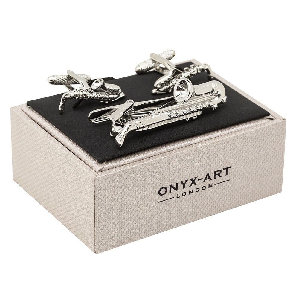 Onyx-Art London Tie Clip Sets Saxophone Cufflinks and Tie Bar Set