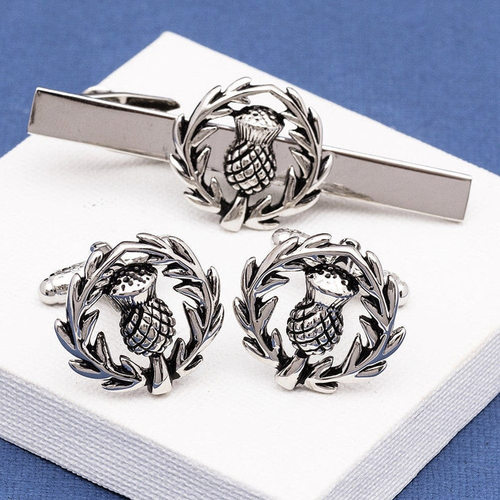 Onyx-Art London Tie Clip Sets Scottish Thistle Crest Cufflinks and Tie Bar Set