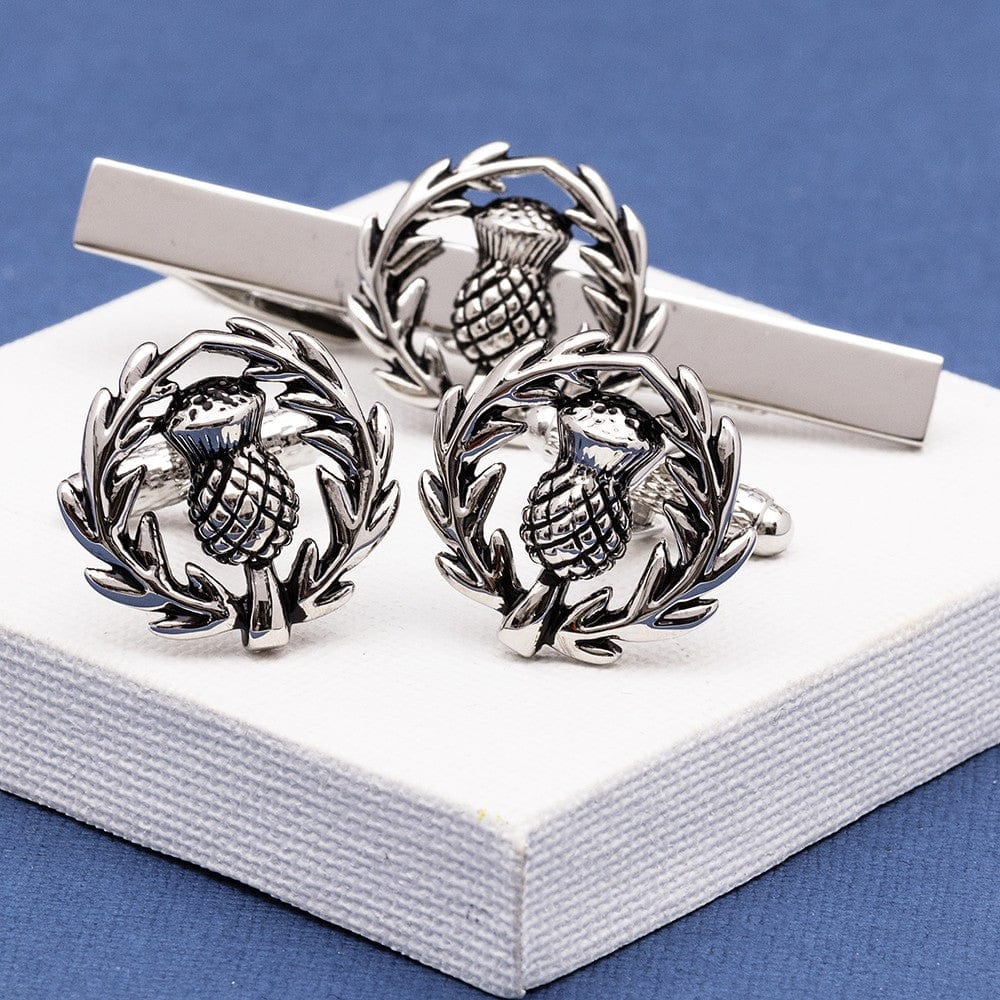 Onyx-Art London Tie Clip Sets Scottish Thistle Crest Cufflinks and Tie Bar Set